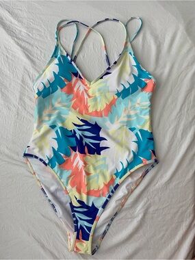 One-Piece Swimsuit in Teal & Coral Tropical Print NWOT